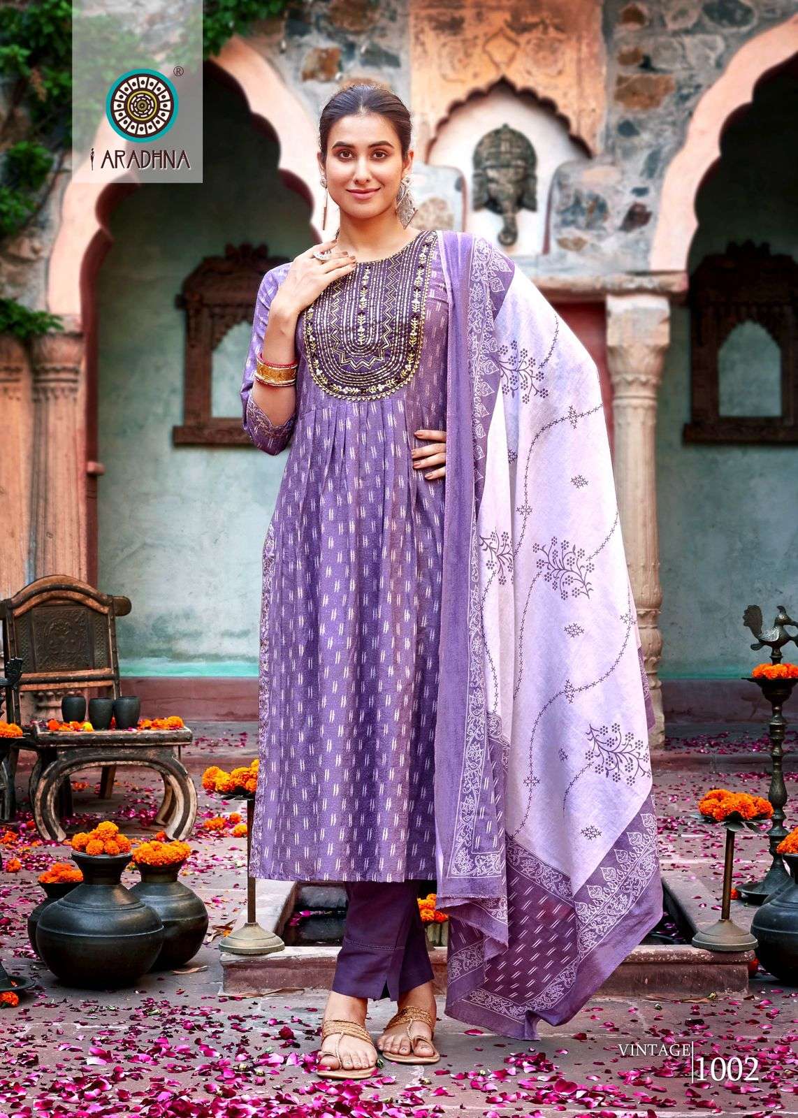VINTAGE VOL 1 COTTON FOIL PRINT FANCY EMBROIDERY WORK KURTI WITH PANT DUPATTA BY ARADHNA BRAND 1002